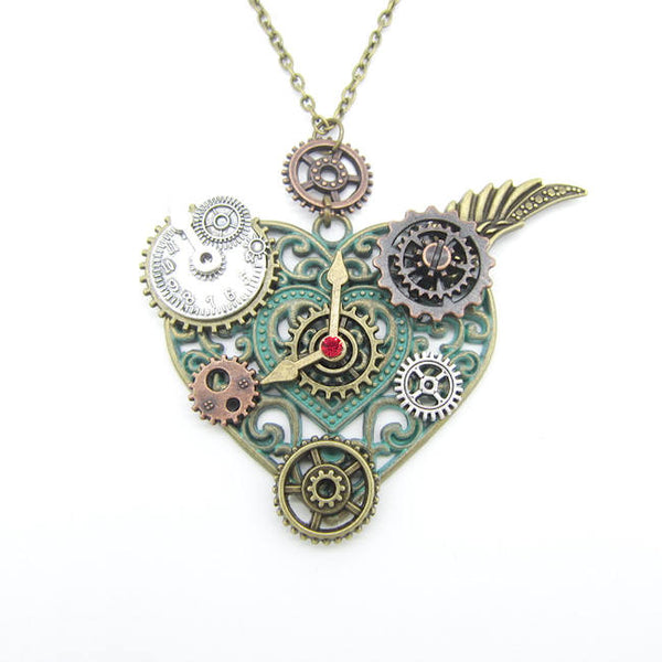 Heart Pendant with Various Gears Steampunk Necklace - Magnolia