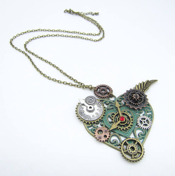 Heart Pendant with Various Gears Steampunk Necklace - Magnolia