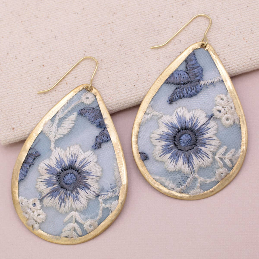 Light Blue Floral Embroidered Earrings