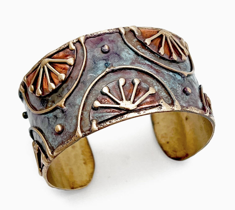 Brass Patina Rustic Blue Rising Sun Adjustable Cuff Bracelet