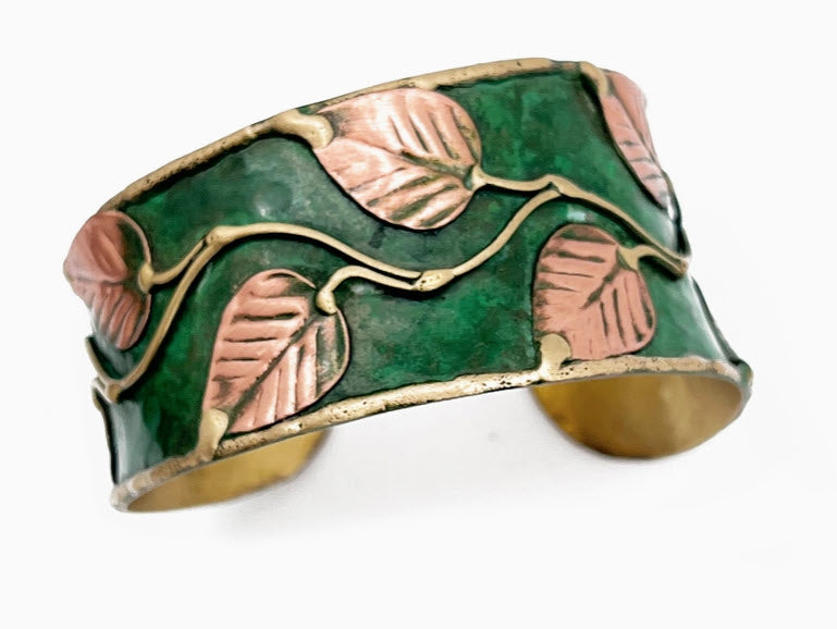 Brass Patina Adjustable Green Cuff Bracelet with Leaves and Vines