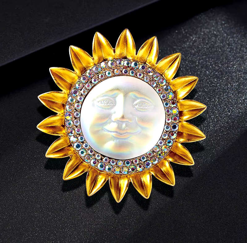 Sun Face with Rhinestones Brooch