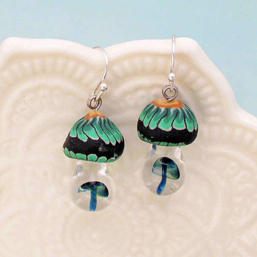 Blue Glass Mushroom Earrings