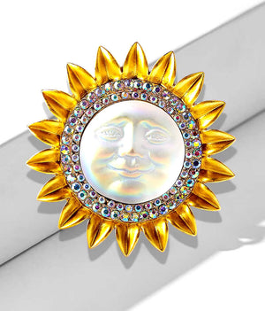 Sun Face with Rhinestones Brooch