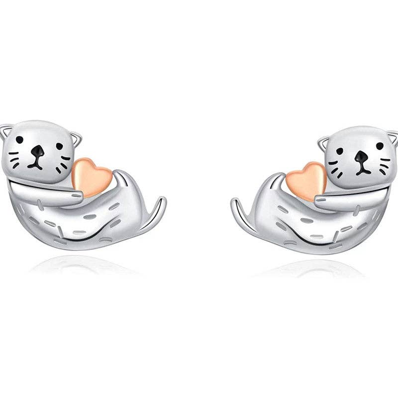 Sea Otter Heart Stud Earrings